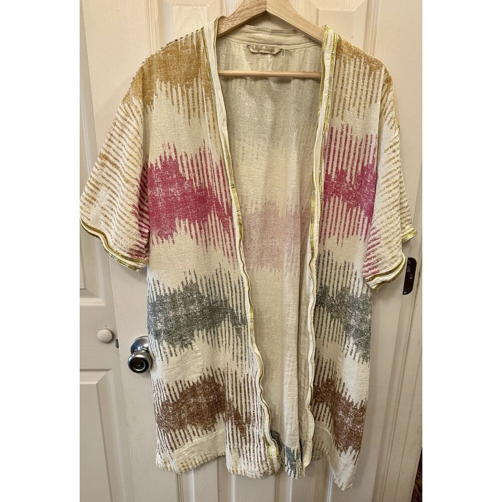Soft Surroundings‎ Gold Trim Boho Open Front Kimono Duster 100% Cotton One Size